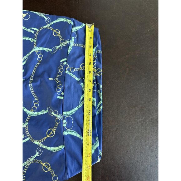 Tina + Jenna Chain Print Blue Stretchy Mini Skirt Gold & Green Accents Size L - Picture 6 of 6